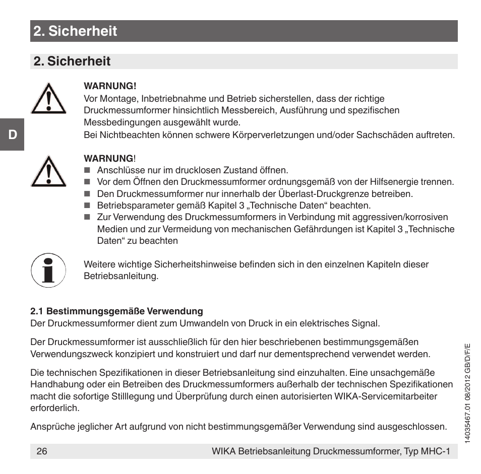 Sicherheit | WIKA MHC-1 User Manual | Page 26 / 84