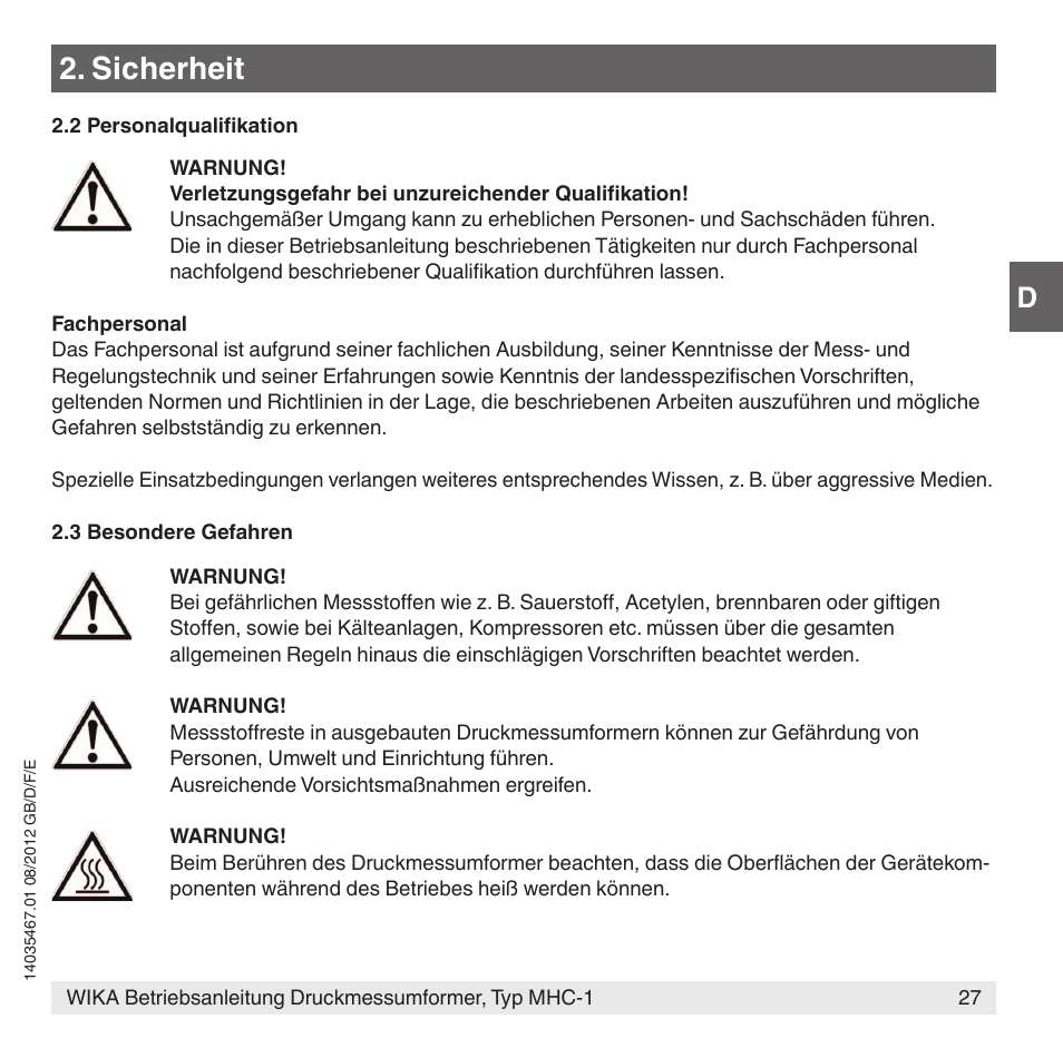 Sicherheit | WIKA MHC-1 User Manual | Page 27 / 84