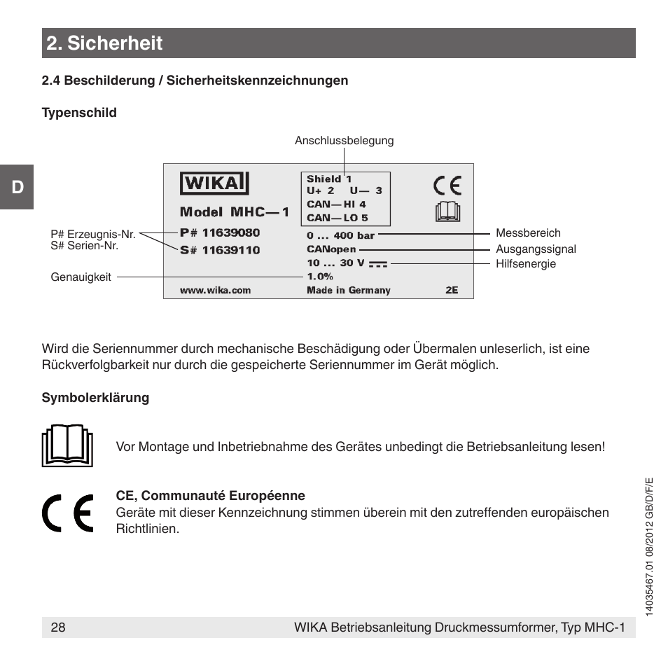 Sicherheit | WIKA MHC-1 User Manual | Page 28 / 84