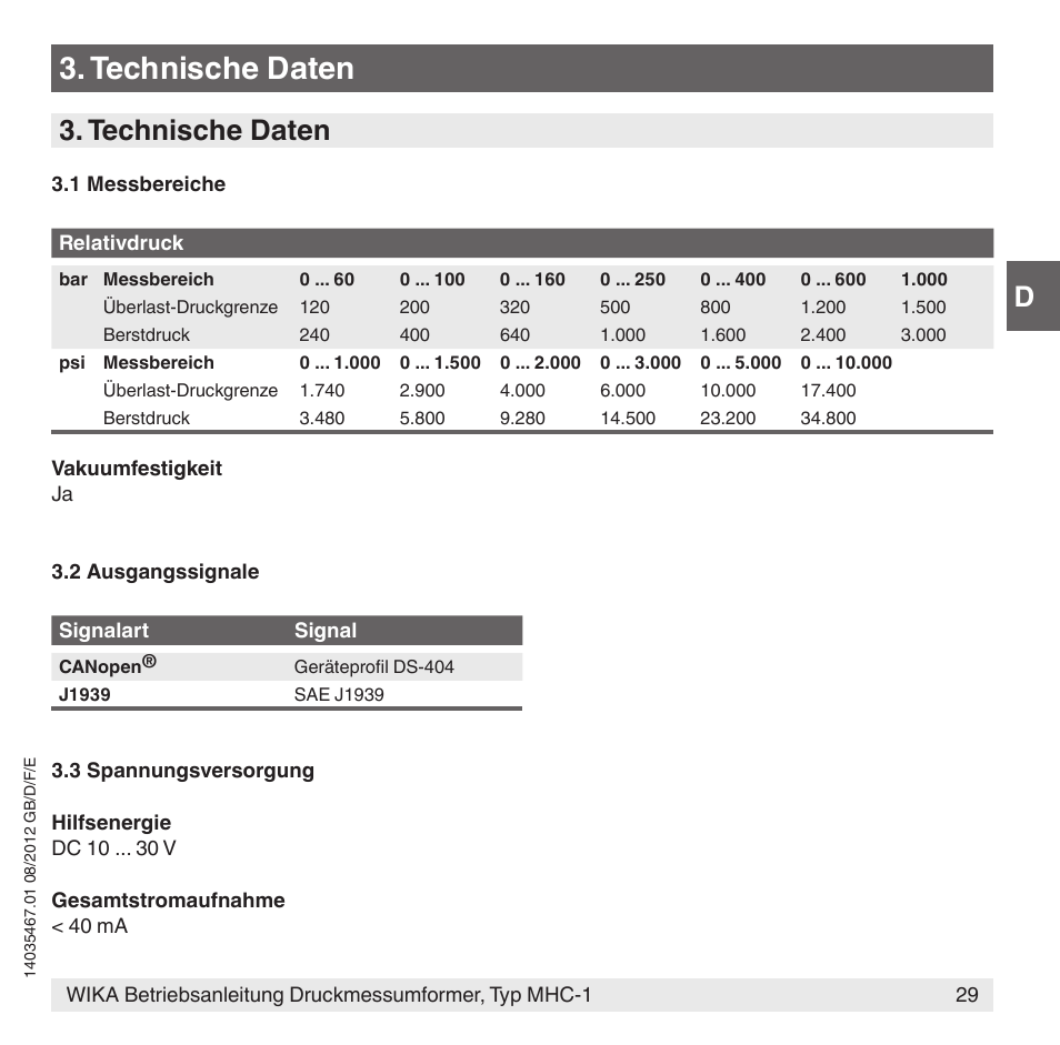 Technische daten | WIKA MHC-1 User Manual | Page 29 / 84