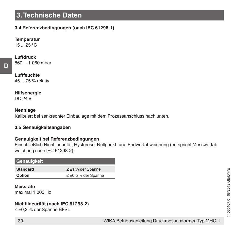 Technische daten | WIKA MHC-1 User Manual | Page 30 / 84