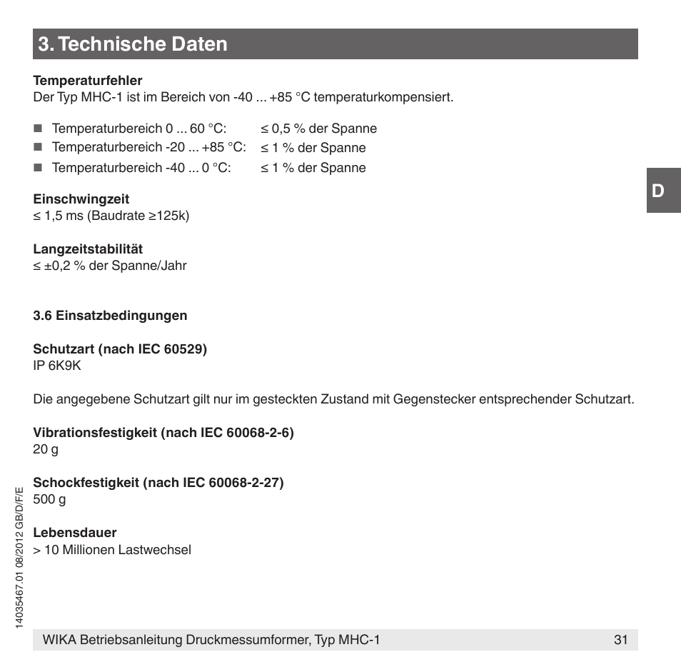 Technische daten | WIKA MHC-1 User Manual | Page 31 / 84