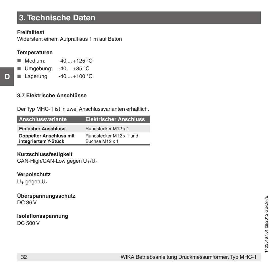 Technische daten | WIKA MHC-1 User Manual | Page 32 / 84