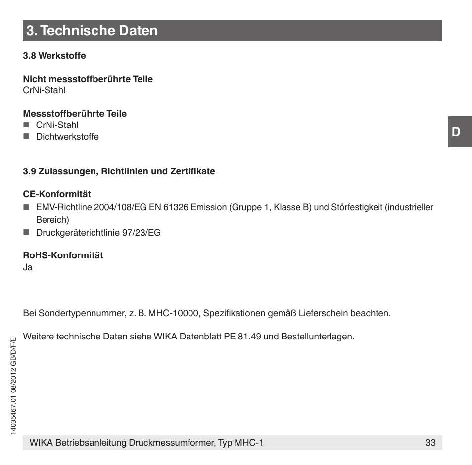 Technische daten | WIKA MHC-1 User Manual | Page 33 / 84