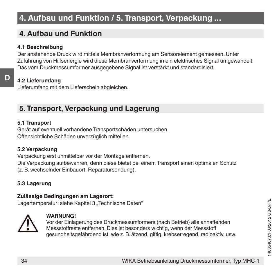 Aufbau und funktion / 5. transport, verpackung, D4. aufbau und funktion, Transport, verpackung und lagerung | WIKA MHC-1 User Manual | Page 34 / 84