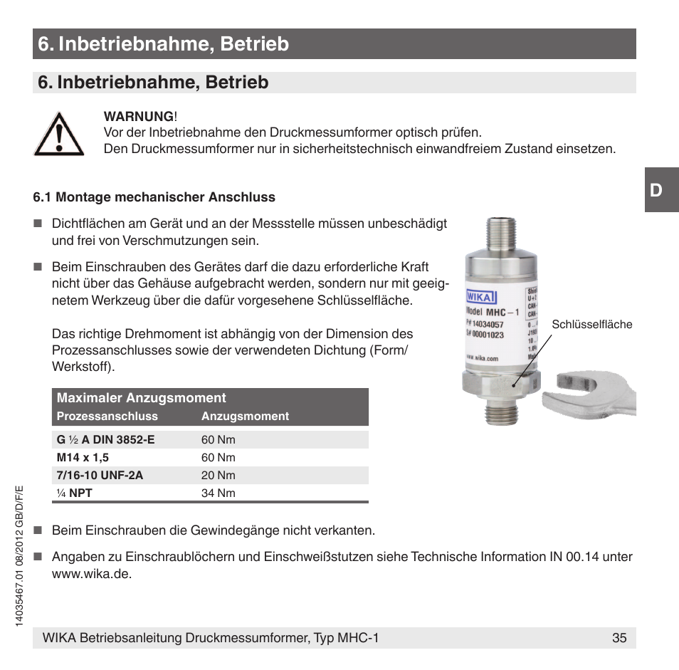 Inbetriebnahme, betrieb | WIKA MHC-1 User Manual | Page 35 / 84