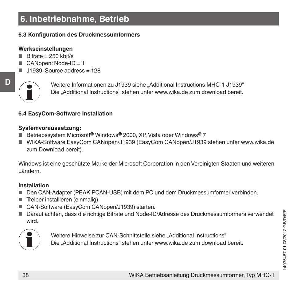 Inbetriebnahme, betrieb | WIKA MHC-1 User Manual | Page 38 / 84