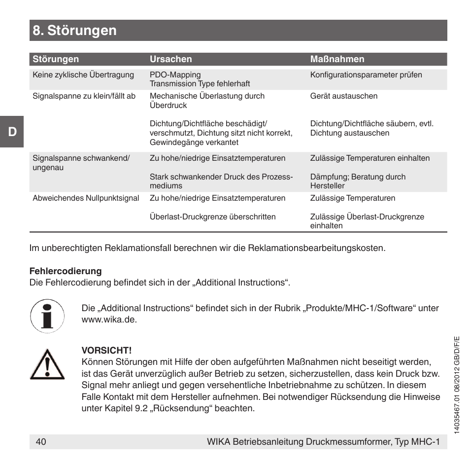 Störungen | WIKA MHC-1 User Manual | Page 40 / 84