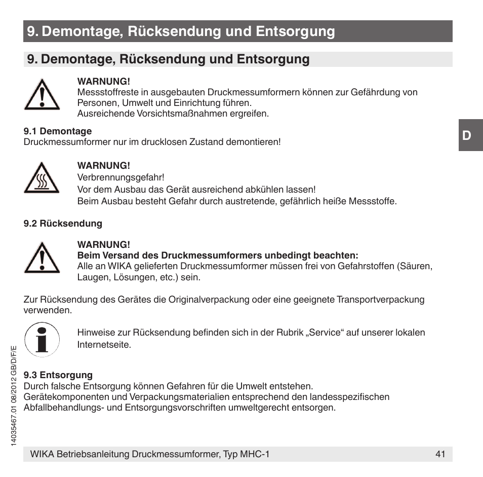 Demontage, rücksendung und entsorgung | WIKA MHC-1 User Manual | Page 41 / 84