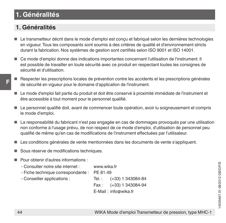 Généralités | WIKA MHC-1 User Manual | Page 44 / 84