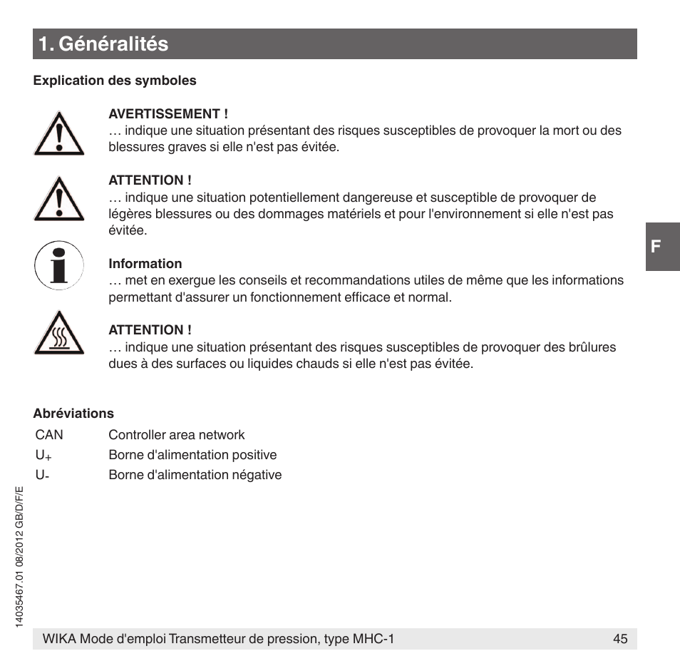 Généralités | WIKA MHC-1 User Manual | Page 45 / 84