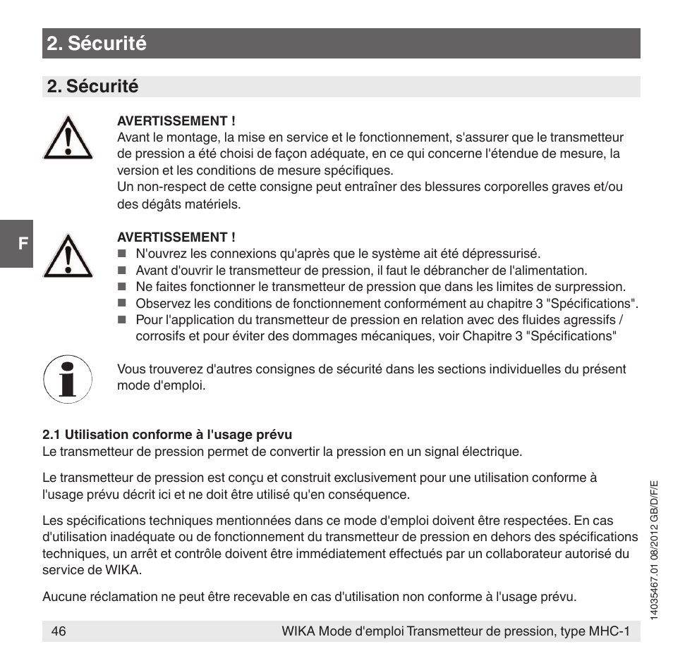 Sécurité | WIKA MHC-1 User Manual | Page 46 / 84