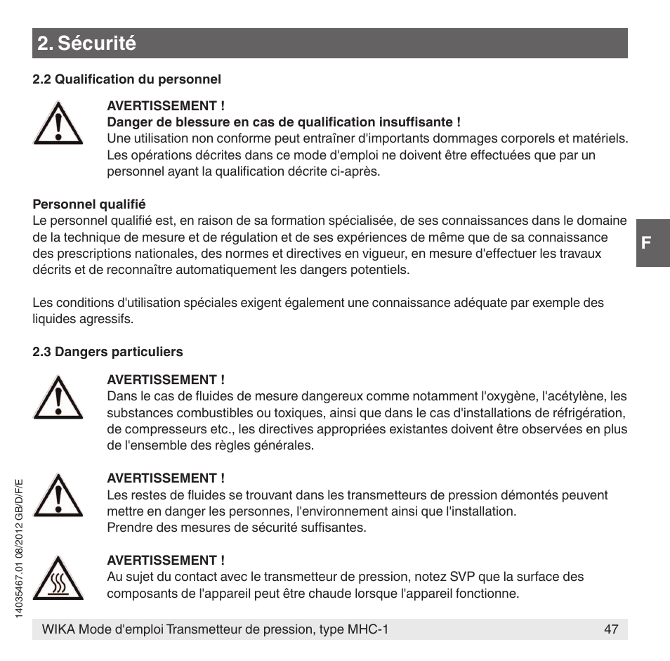 Sécurité | WIKA MHC-1 User Manual | Page 47 / 84