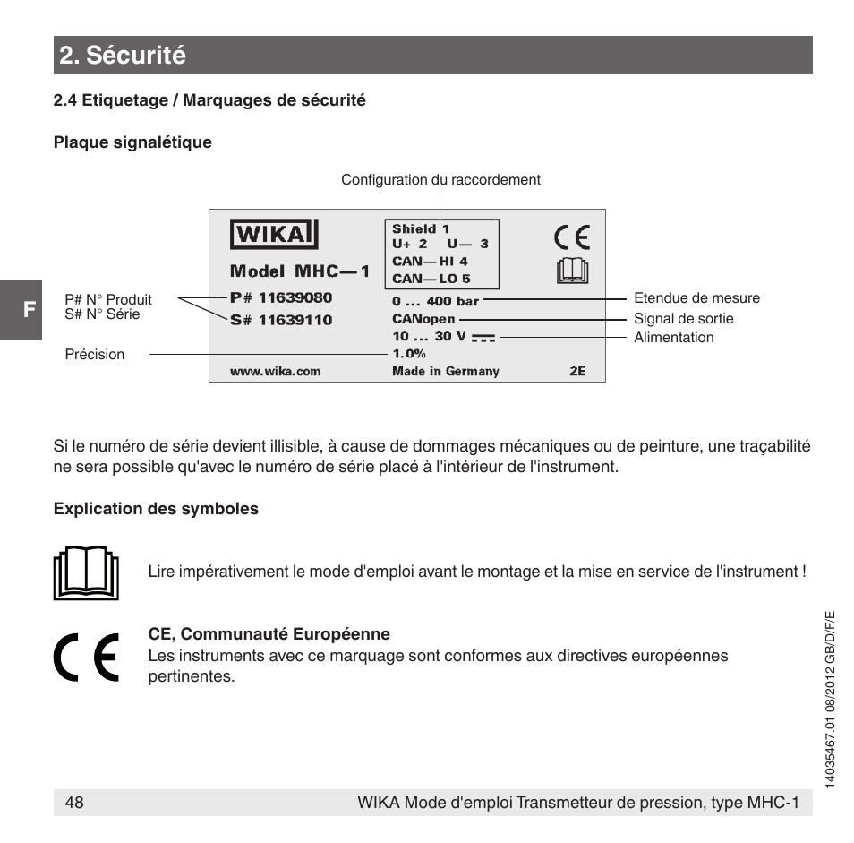 Sécurité | WIKA MHC-1 User Manual | Page 48 / 84