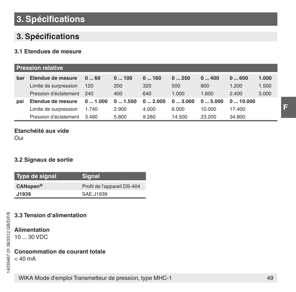 Spécifications | WIKA MHC-1 User Manual | Page 49 / 84