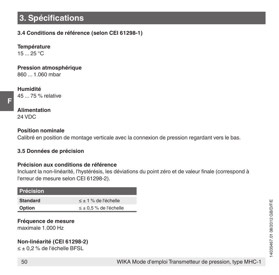 Spécifications | WIKA MHC-1 User Manual | Page 50 / 84