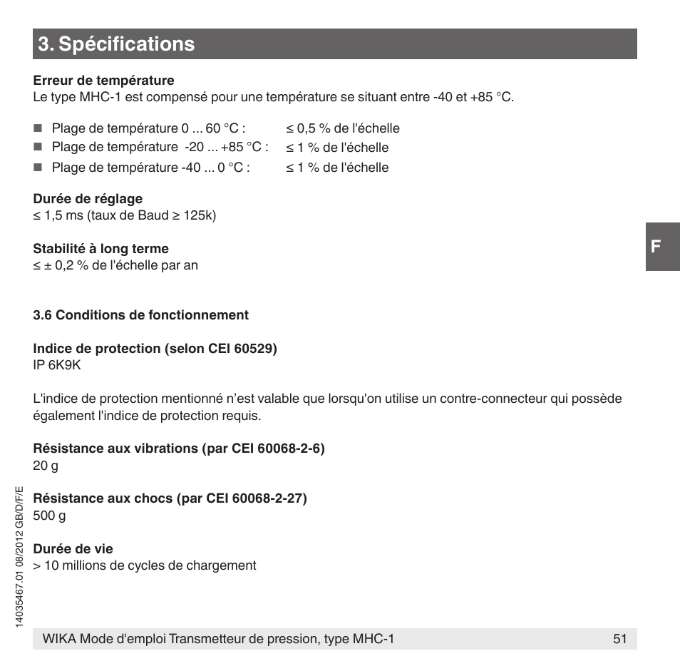 Spécifications | WIKA MHC-1 User Manual | Page 51 / 84