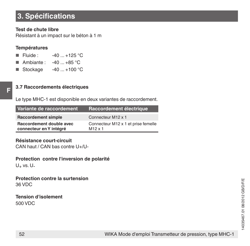Spécifications | WIKA MHC-1 User Manual | Page 52 / 84