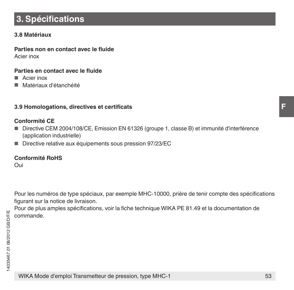 Spécifications | WIKA MHC-1 User Manual | Page 53 / 84