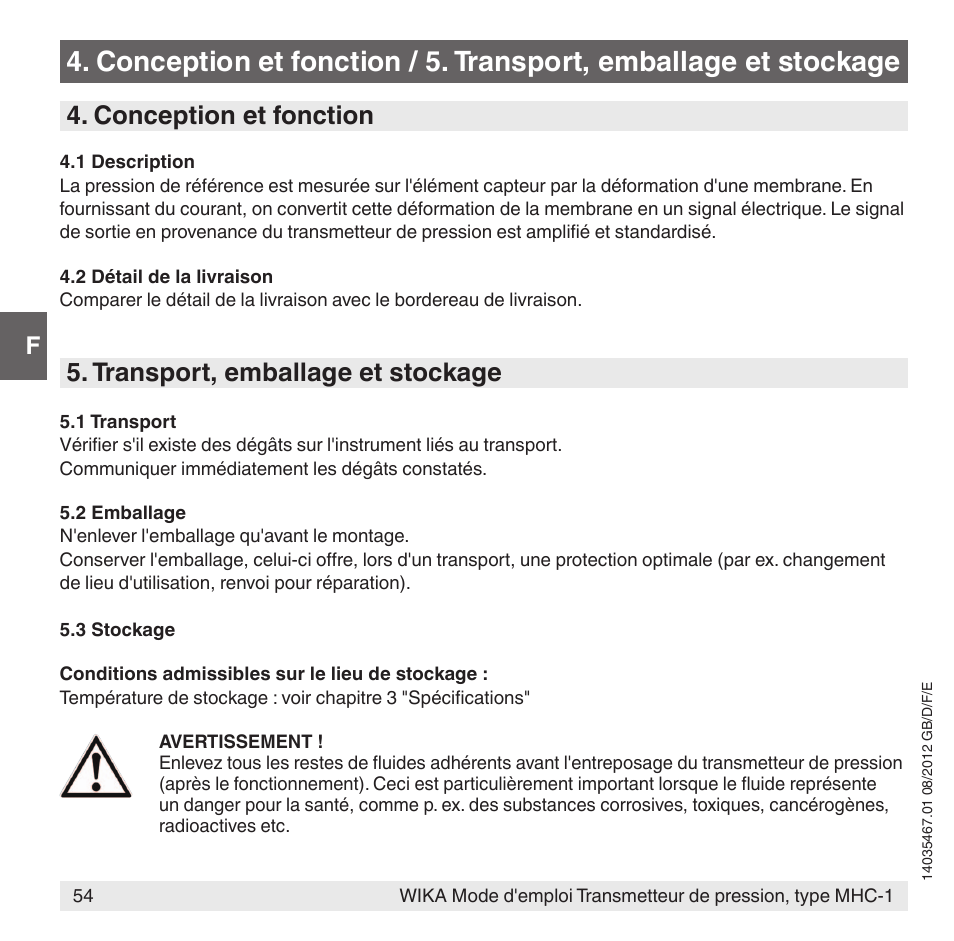Conception et fonction, Transport, emballage et stockage | WIKA MHC-1 User Manual | Page 54 / 84