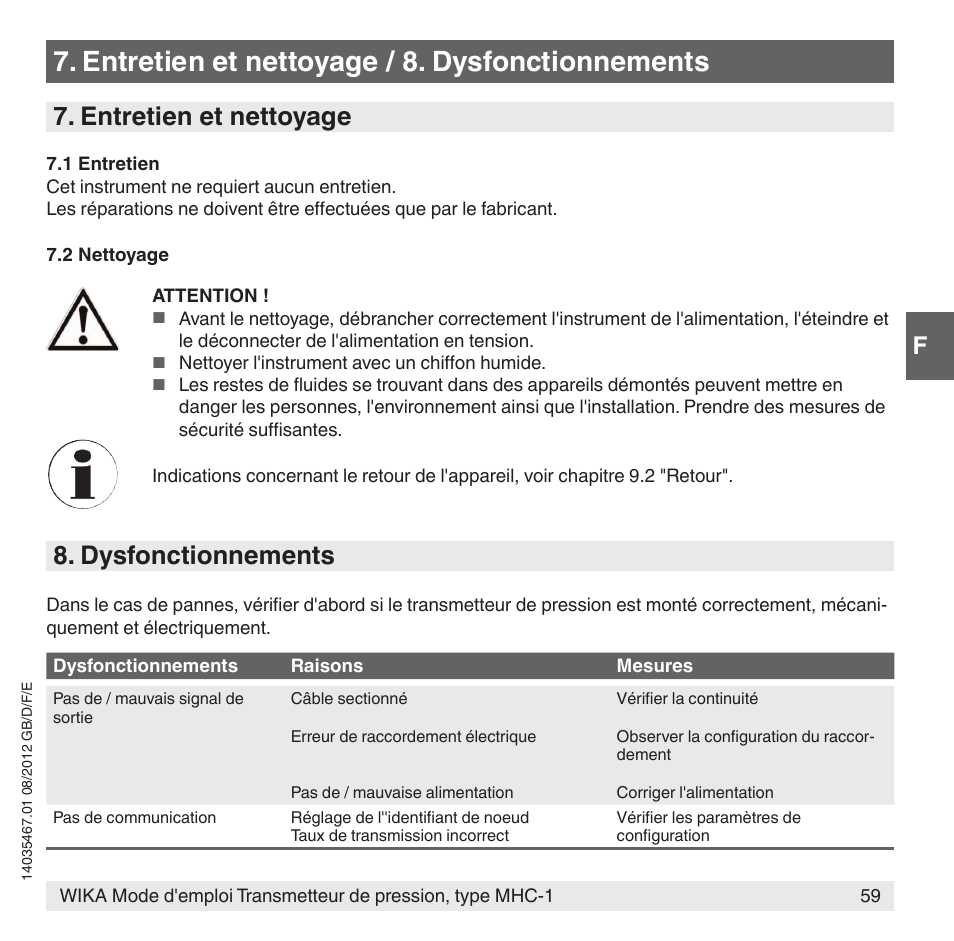 Entretien et nettoyage / 8. dysfonctionnements, Entretien et nettoyage, Dysfonctionnements | WIKA MHC-1 User Manual | Page 59 / 84