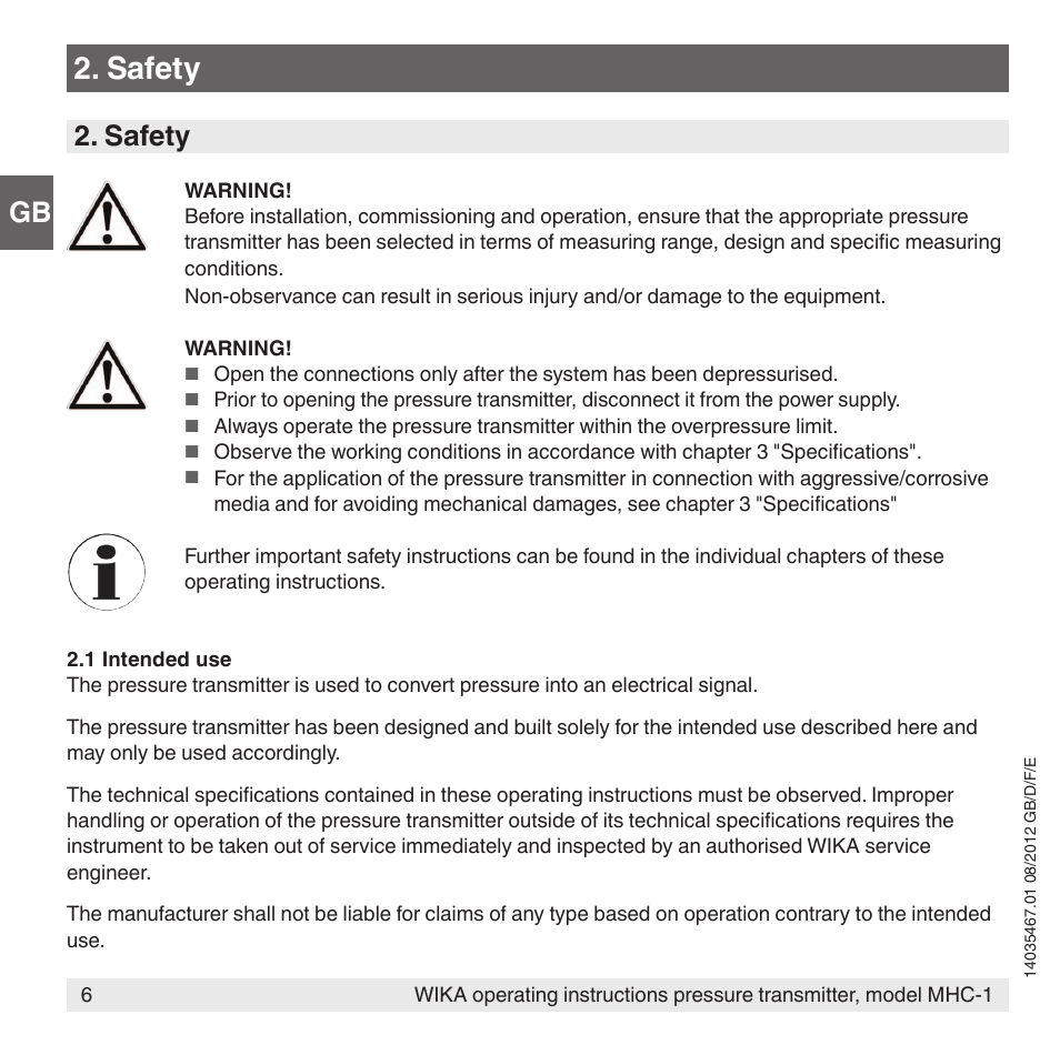 Safety | WIKA MHC-1 User Manual | Page 6 / 84