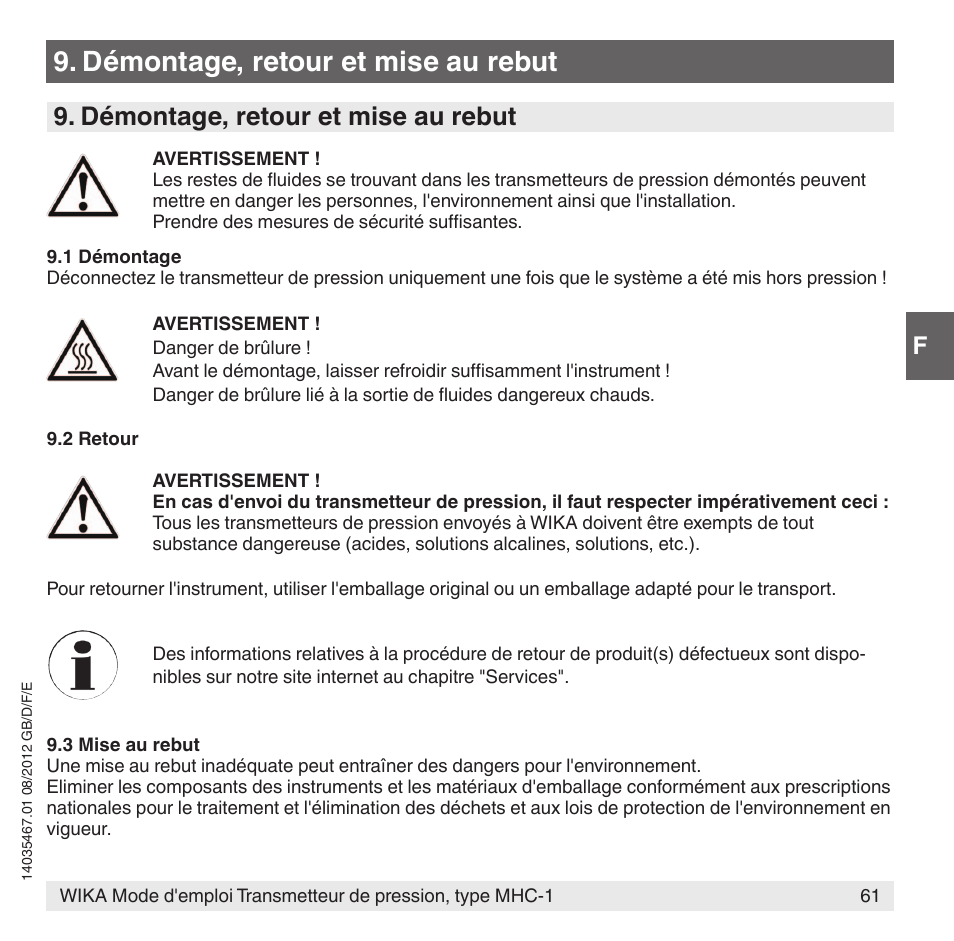 Démontage, retour et mise au rebut | WIKA MHC-1 User Manual | Page 61 / 84