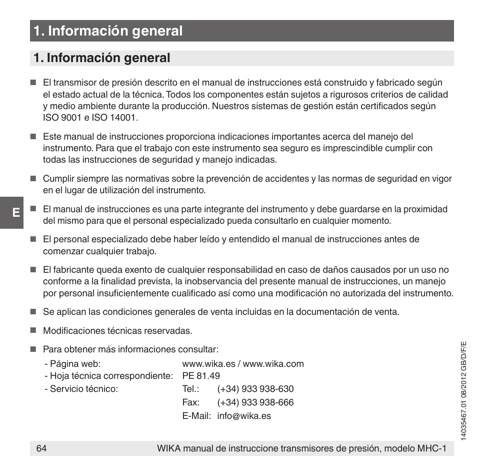 Información general | WIKA MHC-1 User Manual | Page 64 / 84