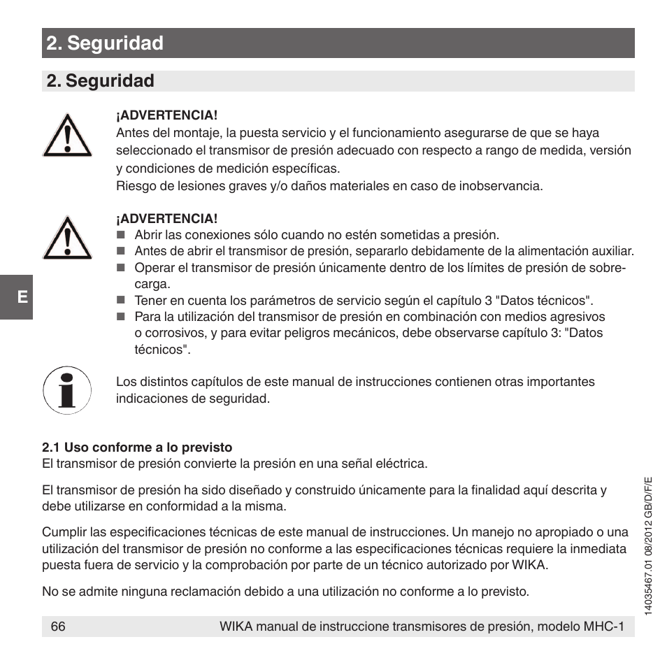 Seguridad | WIKA MHC-1 User Manual | Page 66 / 84