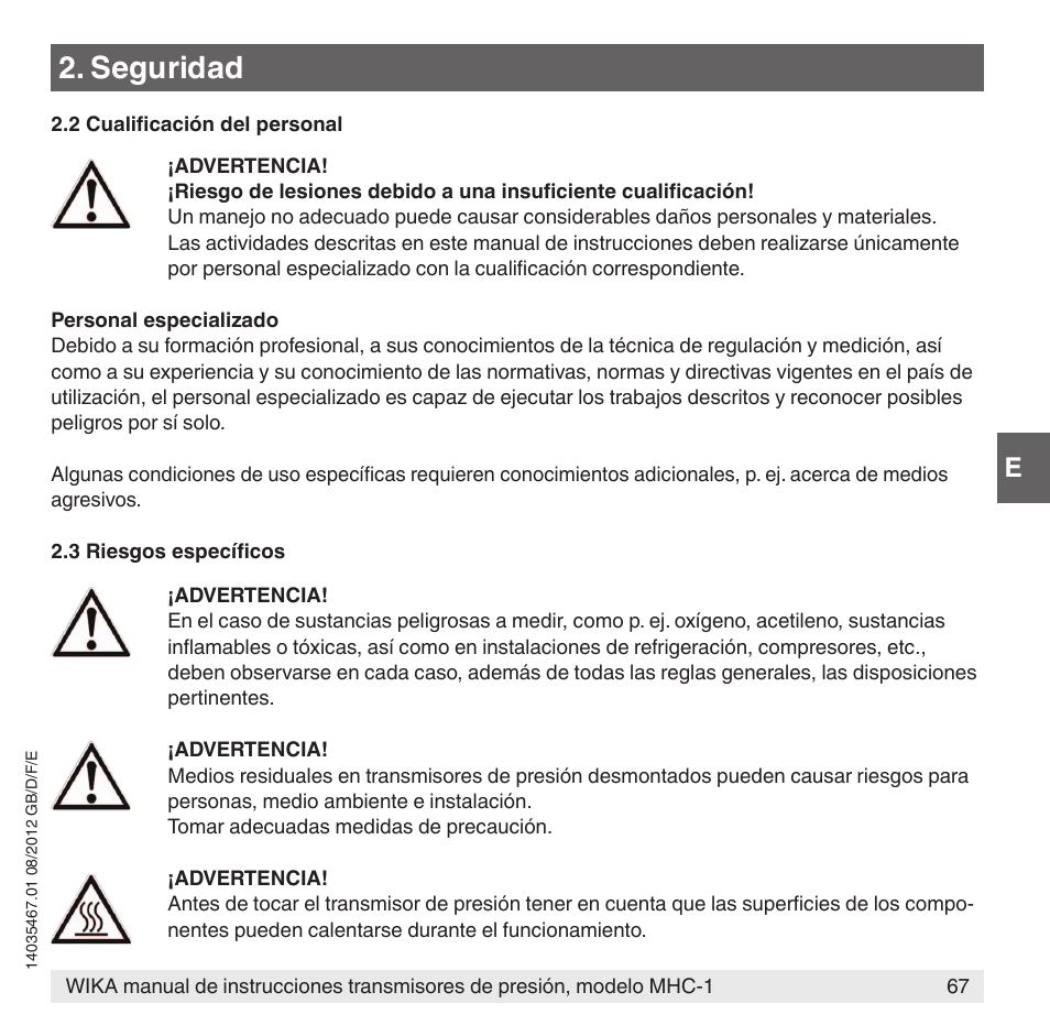 Seguridad | WIKA MHC-1 User Manual | Page 67 / 84