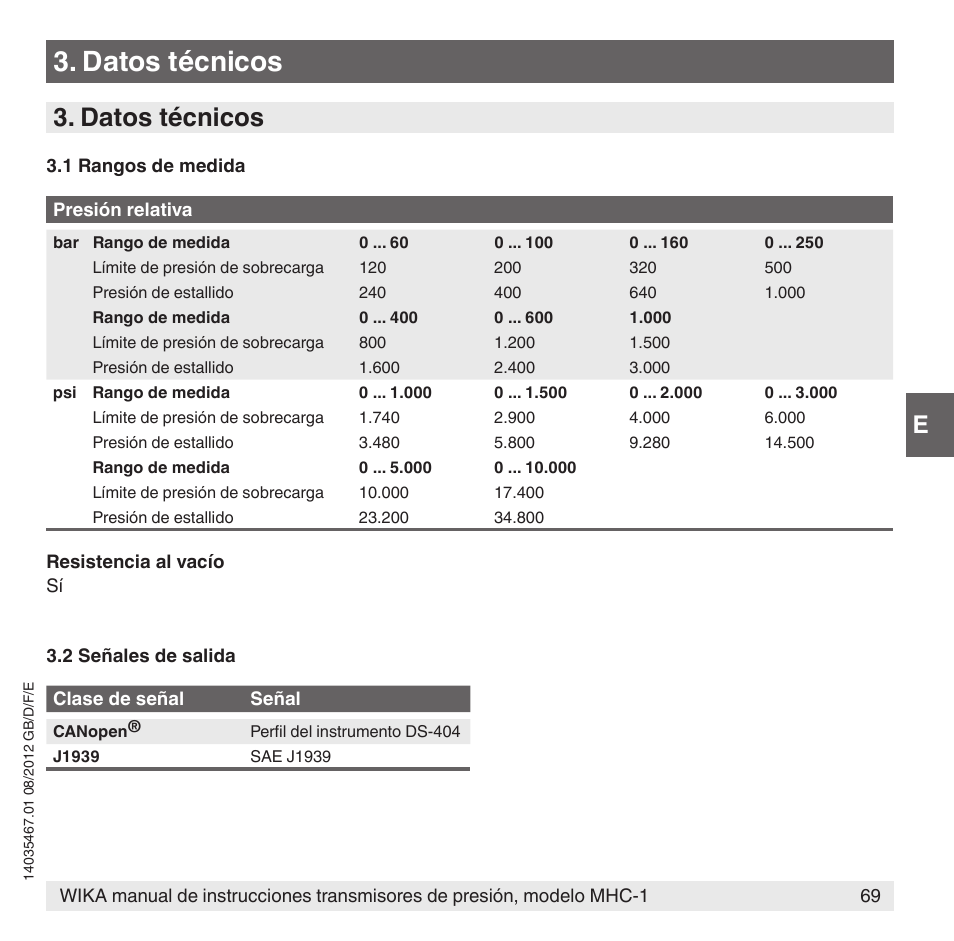Datos técnicos | WIKA MHC-1 User Manual | Page 69 / 84