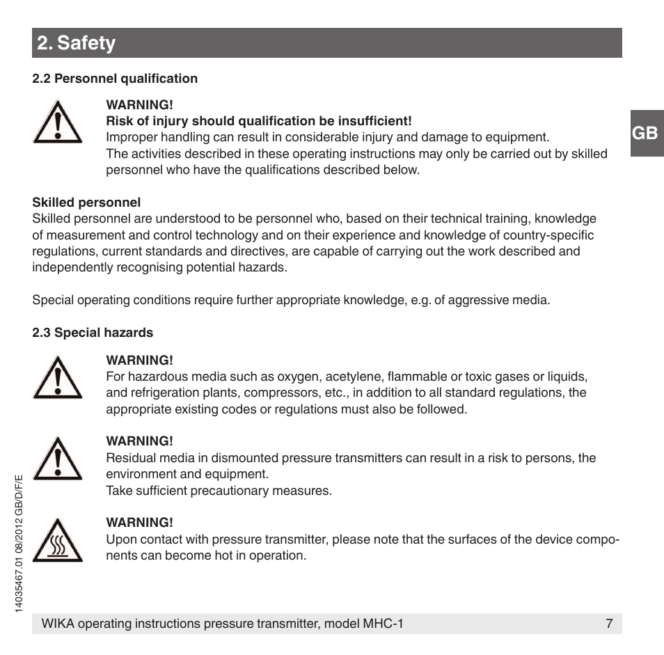Safety | WIKA MHC-1 User Manual | Page 7 / 84
