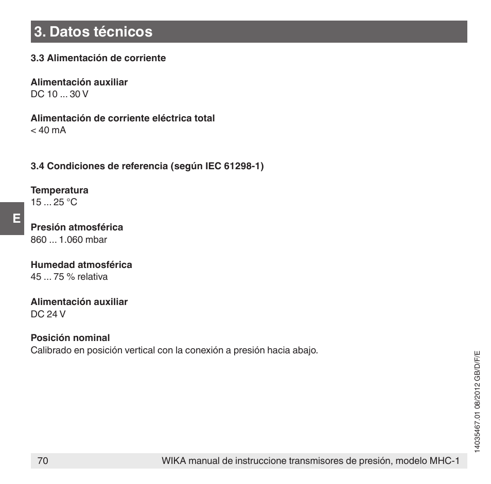 Datos técnicos | WIKA MHC-1 User Manual | Page 70 / 84