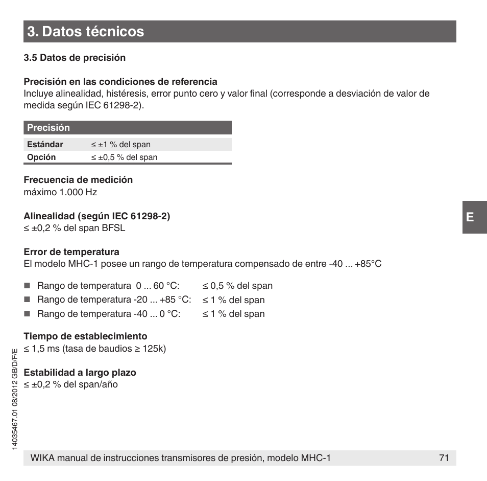 Datos técnicos | WIKA MHC-1 User Manual | Page 71 / 84