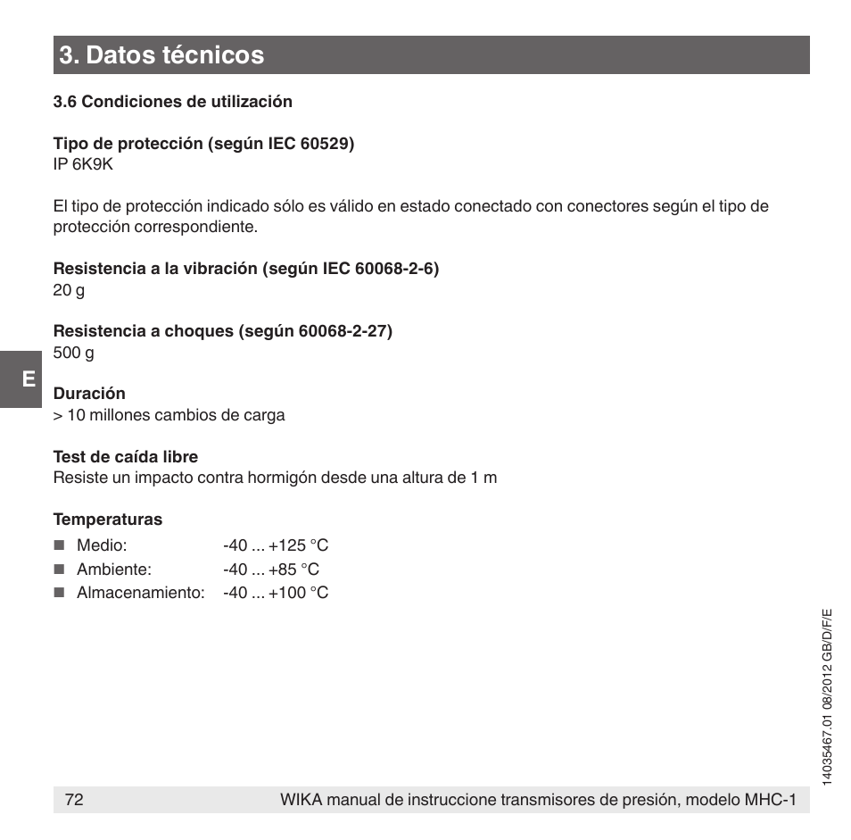 Datos técnicos | WIKA MHC-1 User Manual | Page 72 / 84