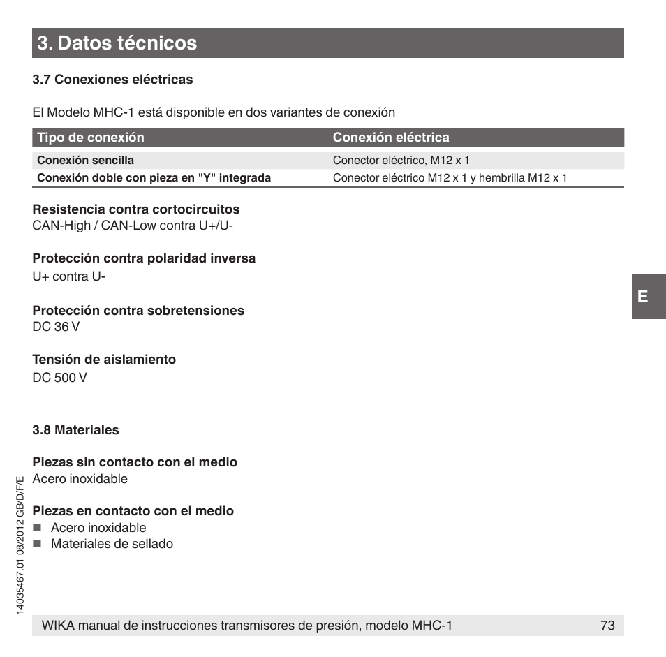 Datos técnicos | WIKA MHC-1 User Manual | Page 73 / 84
