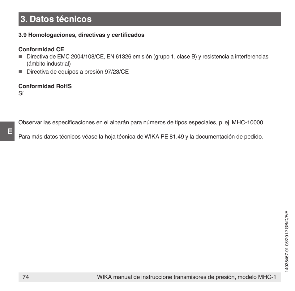 Datos técnicos | WIKA MHC-1 User Manual | Page 74 / 84