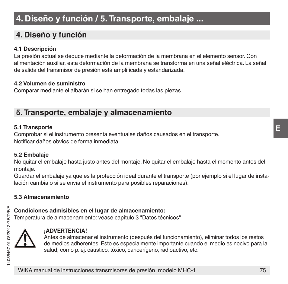 Diseño y función / 5. transporte, embalaje, Diseño y función, Transporte, embalaje y almacenamiento | WIKA MHC-1 User Manual | Page 75 / 84