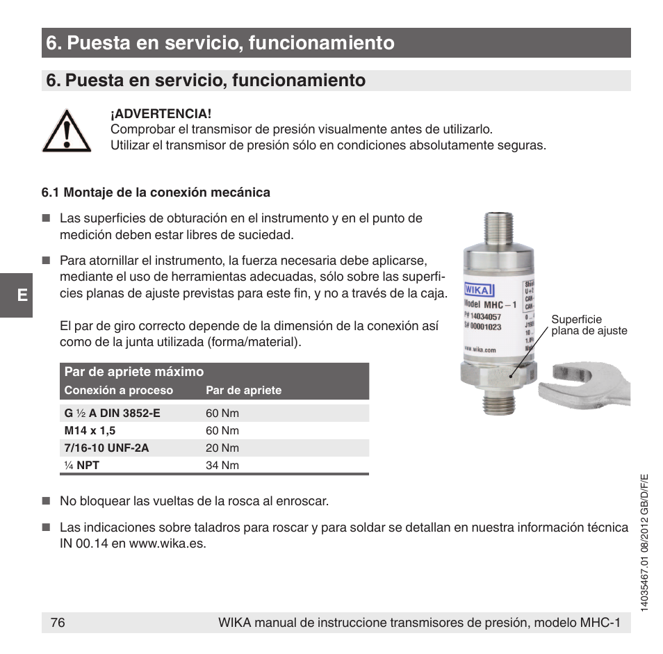 Puesta en servicio, funcionamiento | WIKA MHC-1 User Manual | Page 76 / 84