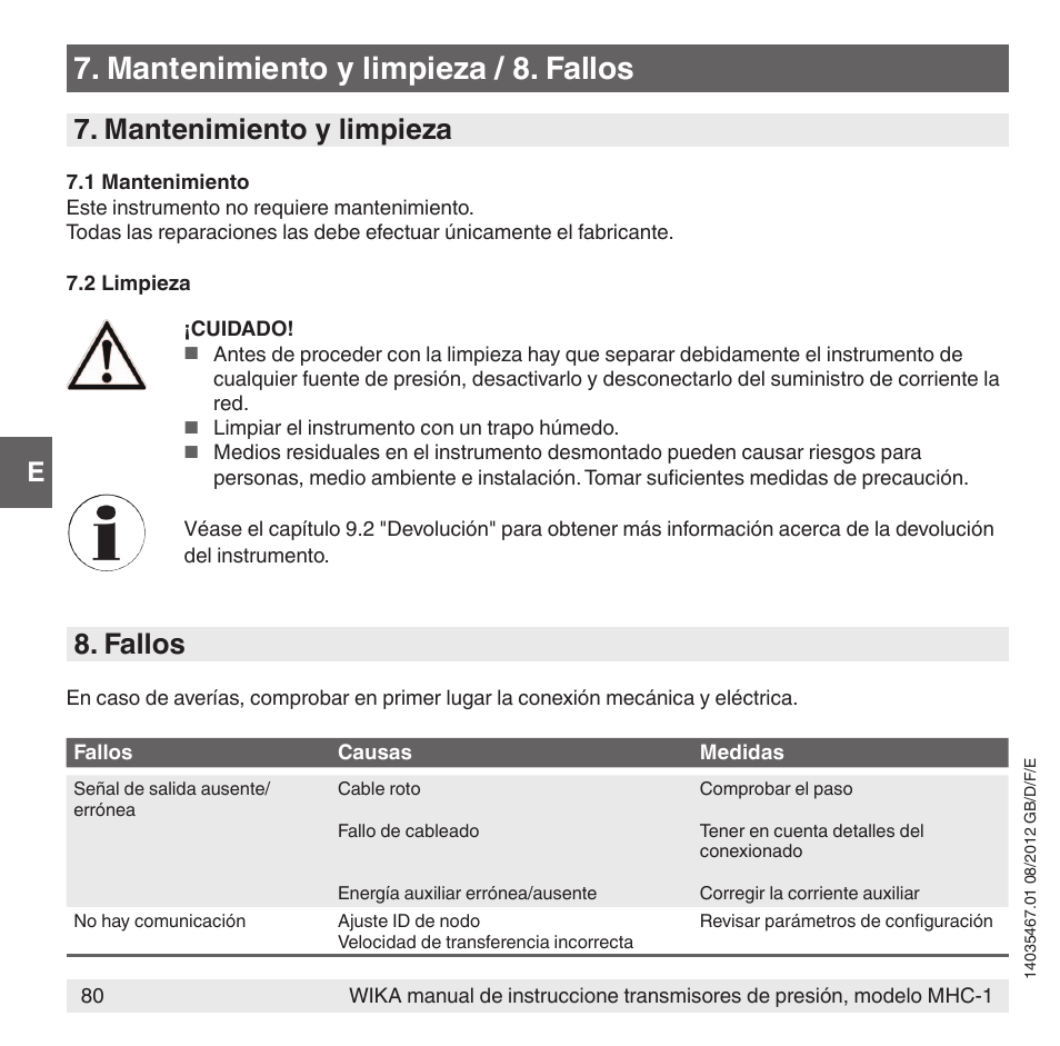 Mantenimiento y limpieza / 8. fallos, Mantenimiento y limpieza, Fallos | WIKA MHC-1 User Manual | Page 80 / 84