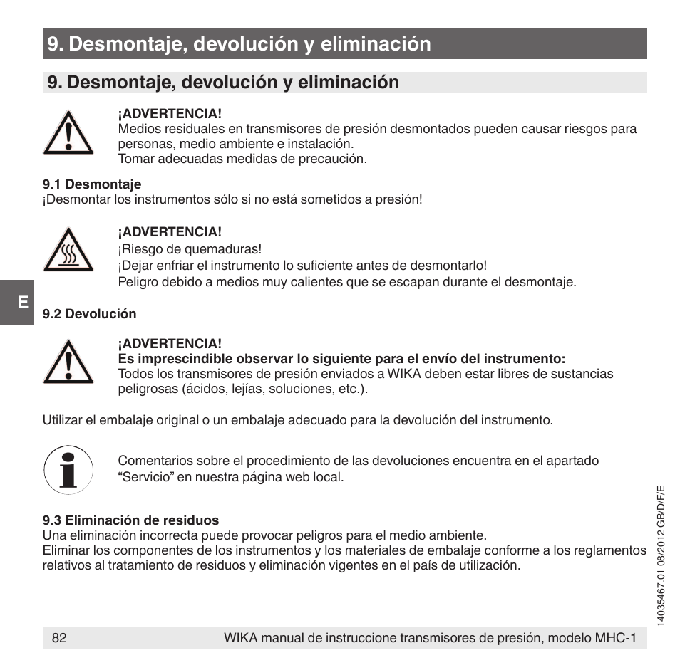 Desmontaje, devolución y eliminación | WIKA MHC-1 User Manual | Page 82 / 84