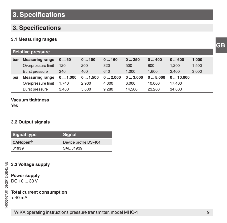 Specifications | WIKA MHC-1 User Manual | Page 9 / 84