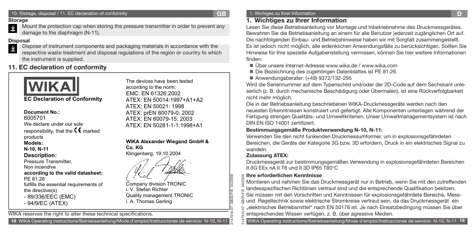 Gb 11. ec declaration of conformity, Wichtiges zu ihrer information | WIKA N-11 User Manual | Page 10 / 35