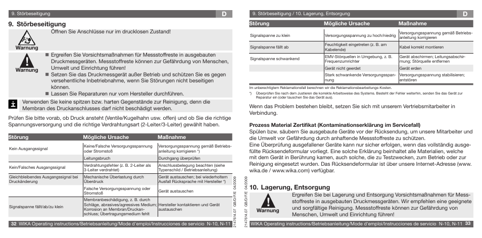 D9. störbeseitigung, Lagerung, entsorgung | WIKA N-11 User Manual | Page 17 / 35