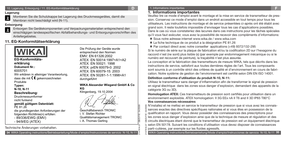 Eg-konformitätserklärung, Informations importantes | WIKA N-11 User Manual | Page 18 / 35