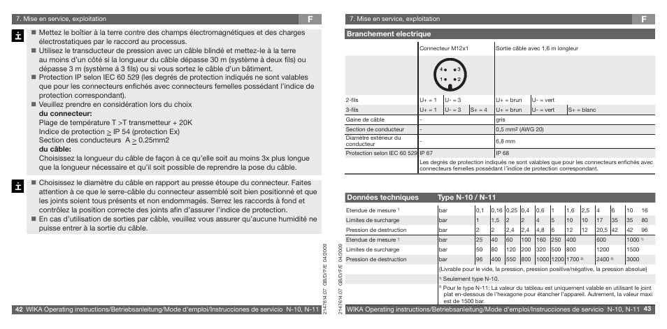 Données techniques type n-10 / n-11, Branchement electrique | WIKA N-11 User Manual | Page 22 / 35