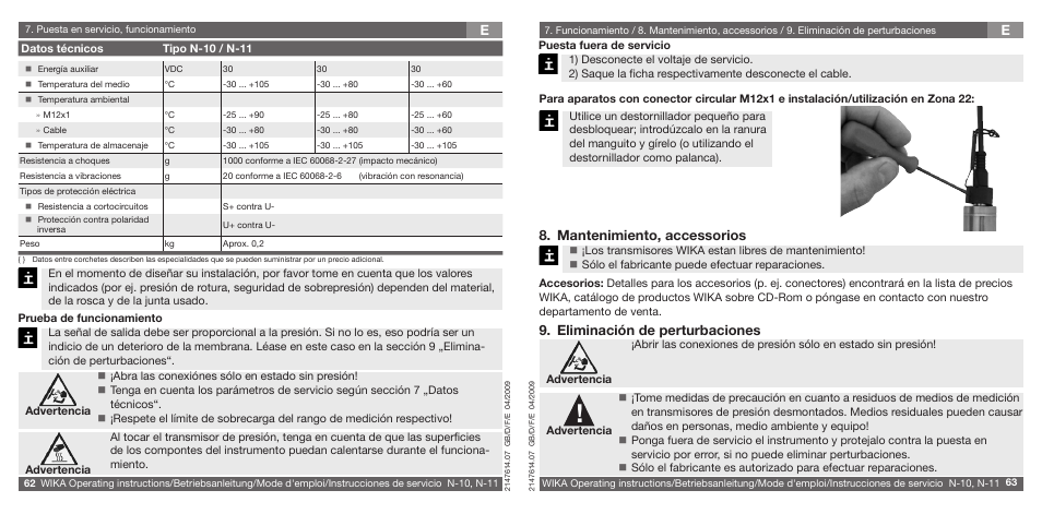 E8. mantenimiento, accessorios, Eliminación de perturbaciones | WIKA N-11 User Manual | Page 32 / 35