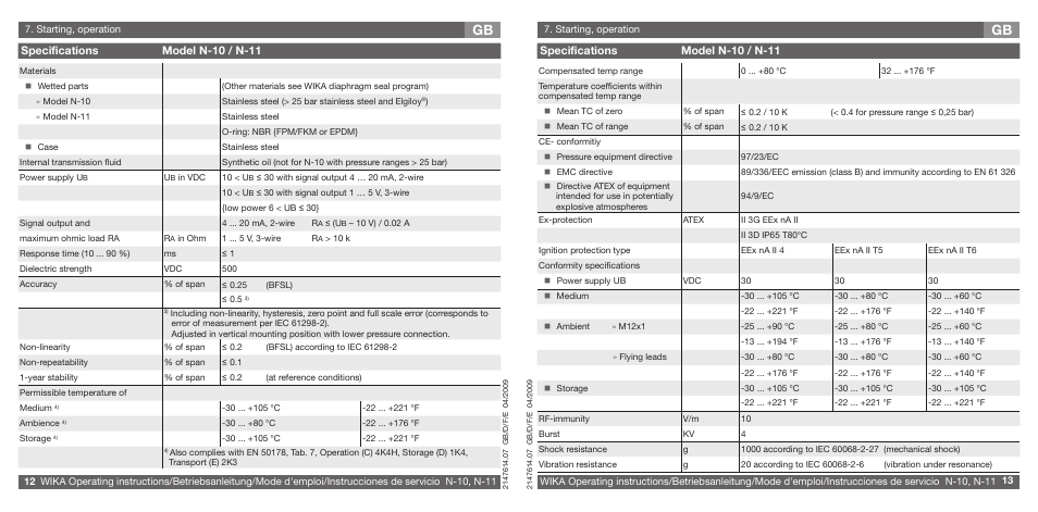 Specifications model n-10 / n-11 | WIKA N-11 User Manual | Page 7 / 35