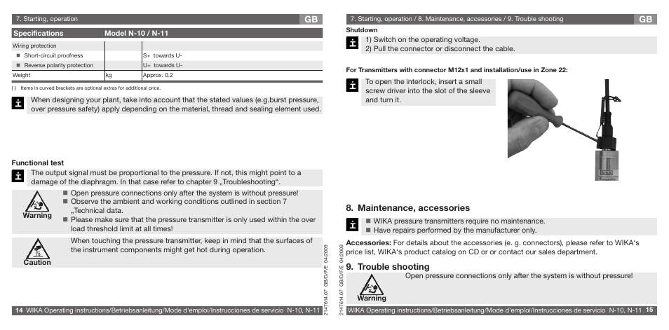 Gb 8. maintenance, accessories, Trouble shooting | WIKA N-11 User Manual | Page 8 / 35