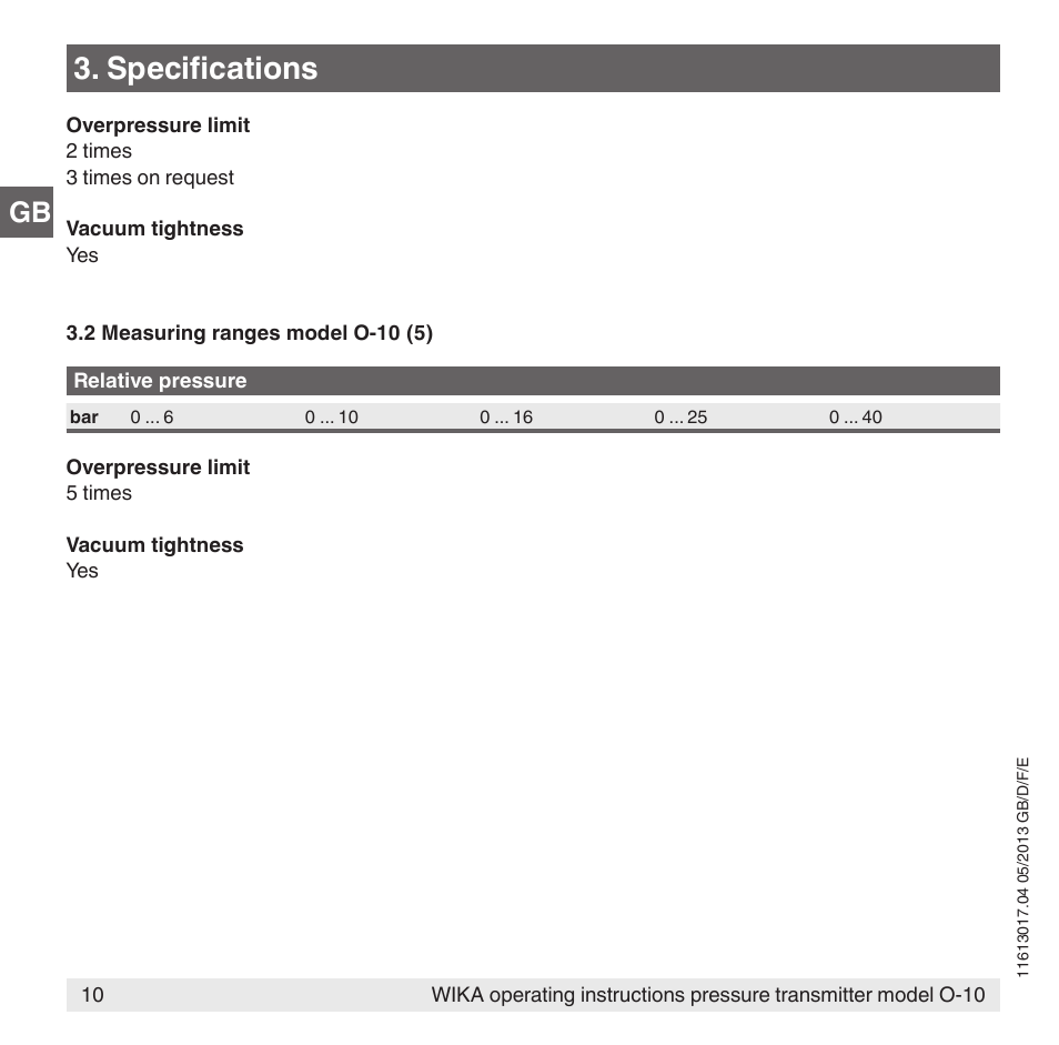 Specifications | WIKA O-10 User Manual | Page 10 / 108